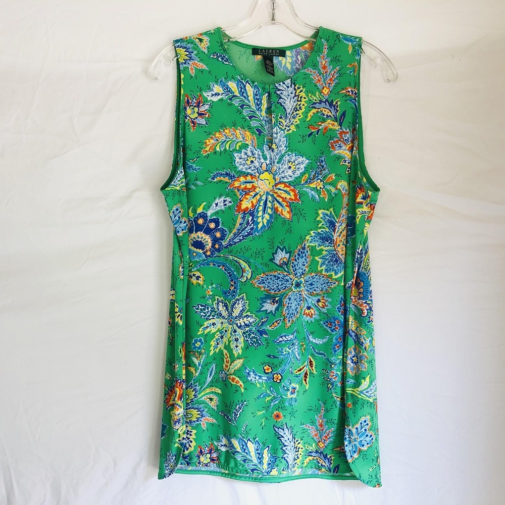 Lauren Ralph Lauren Dress Womens Large Green Floral Sleeveless Shift Summer Boho